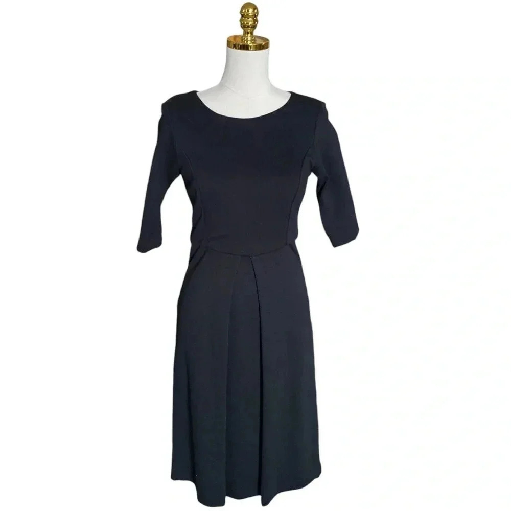 BROOKS BROTHERS | Classic Black Single Pleat A-Line Midi Sheath Dress Size 0